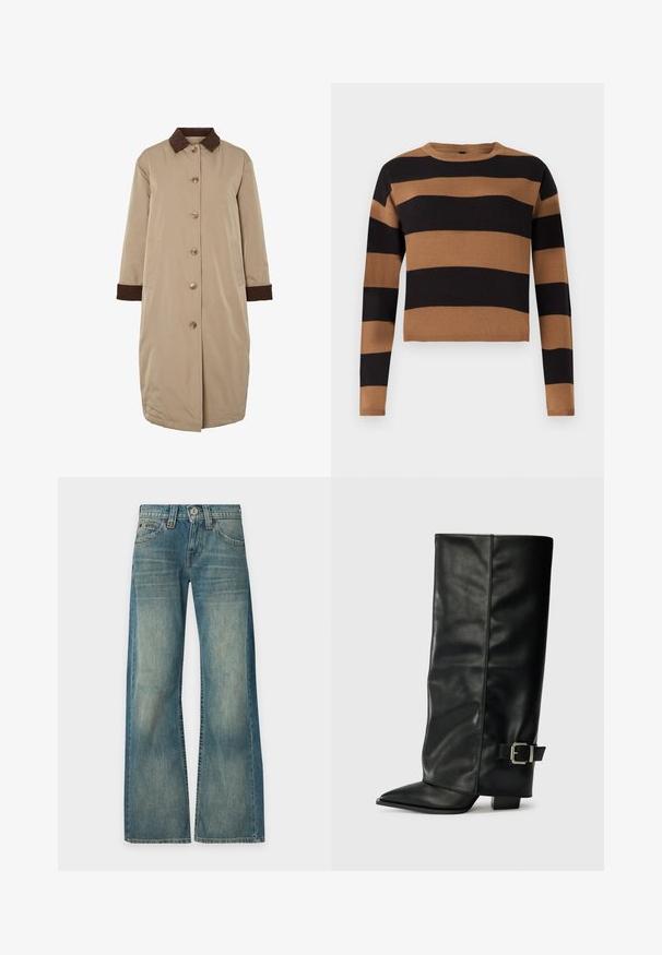Beige jas met een bruine corduroy kraag, knoopsluiting aan de voorkant, lange mouwen en zijzakken. Glad materiaal met een knielange uitstraling.; Bruine en zwarte gestreepte gebreide trui, ronde hals, lange mouwen, textiele stof, cropped snit, met afwisselend dikke strepen.; Blauwe denim jeans met een verwassen uitstraling, hoge taille, wijde pijpen, knoop- en ritssluiting aan de voorkant en vijf zakken, getoond tegen een effen achtergrond.; Zwarte leren enkellange laarzen met een spitse neus, een gladde textuur en een zilveren gesps Accent aan de zijkant. Stevige vierkante hak.