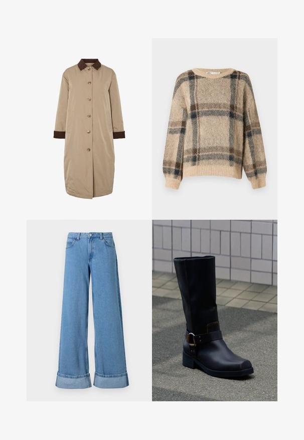 Beige Mantel mit braunem Cordkragen, vorderer Knopfverschluss, langen Ärmeln und seitlichen Taschen. Glatter Stoff mit einem knielangen Design.; Beige gestrickter Pullover mit einem karierten Muster in Braun und Marineblau, mit einem weiten Halsauschnitt und gerippten Bündchen. Weich, flauschige Textur.; Hellblaue Denim-Jeans im weiten Schnitt mit hoher Taille, umgeschlagenen Säumen, fünf Taschen, und einem Knopfverschluss mit Reißverschluss.; Schwarzer Lederstiefel bis zur Mitte der Wade mit niedrigem Absatz und dekorativem Riemen mit Metallschnalle, stehend auf einer grau gepflasterten Oberfläche nahe einer gefliesten Wand.