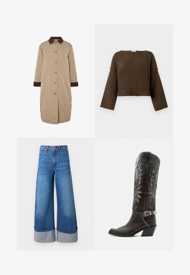 Beige jas met een bruine corduroy kraag, knoopsluiting aan de voorkant, lange mouwen en zijzakken. Glad materiaal met een knielange uitstraling.; Bruine, kortere sweater met een brede halslijn, lange mouwen en een zachte textuur. Eenvoudig, ongecompliceerd ontwerp, geschikt voor verschillende outfits.; Wijd uitgesneden denim jeans in medium blauw. Kenmerken een hoge taille, omgeslagen zoom in lichter denim en een klassieke vijf-pocket ontwerp met metalen accenten.; Zwarte leren cowboylaars met decoratieve uitsnijdingen, zilveren gesp en schuine hak, weergegeven op een witte achtergrond.