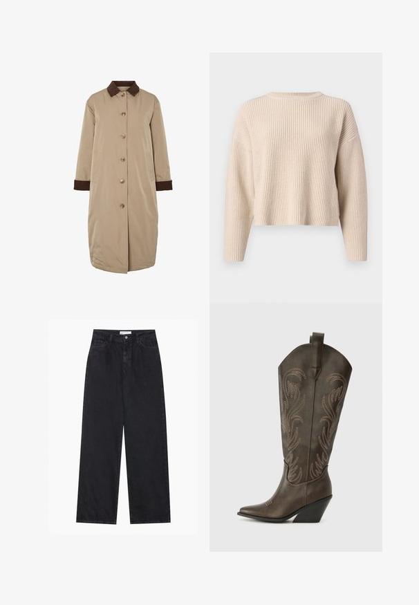 Beige jas met een bruine corduroy kraag, knoopsluiting aan de voorkant, lange mouwen en zijzakken. Glad materiaal met een knielange uitstraling.; Beige gebreide trui met een ronde hals, lange mouwen en een relaxte pasvorm. Kenmerkt een geribbelde textuur en een cropped zoom.; Zwarte high-waisted spijkerbroek met wijde pijpen, frontknopen en ritssluiting, ceintuurlussen en een vijf-pocket stijl.; Bruine leren cowboylaars met een spitse neus, wiggenhak en decoratieve borduursels. Heeft een hoge schacht en een trekriem.