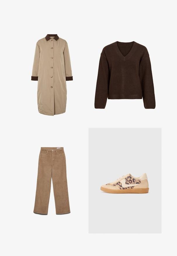 Abrigo beige con cuello de pana marrón, cierre frontal de botones, mangas largas y bolsillos laterales. Tejido suave con un diseño de largo hasta la rodilla.; Jersey de punto marrón oscuro con mangas largas y cuello en V, puños y bajo acanalados, mostrado sobre un fondo blanco.; Pantalones de pana de pierna ancha en color marrón. Presentan una tela texturizada, cinco bolsillos y cierre de botón. Corte recto desde la cadera hasta el dobladillo.; Zapatillas de leopardo con parte superior de ante beige, suela de goma marrón y acentos blancos. Punta redonda y diseño con cordones con un acabado texturado.