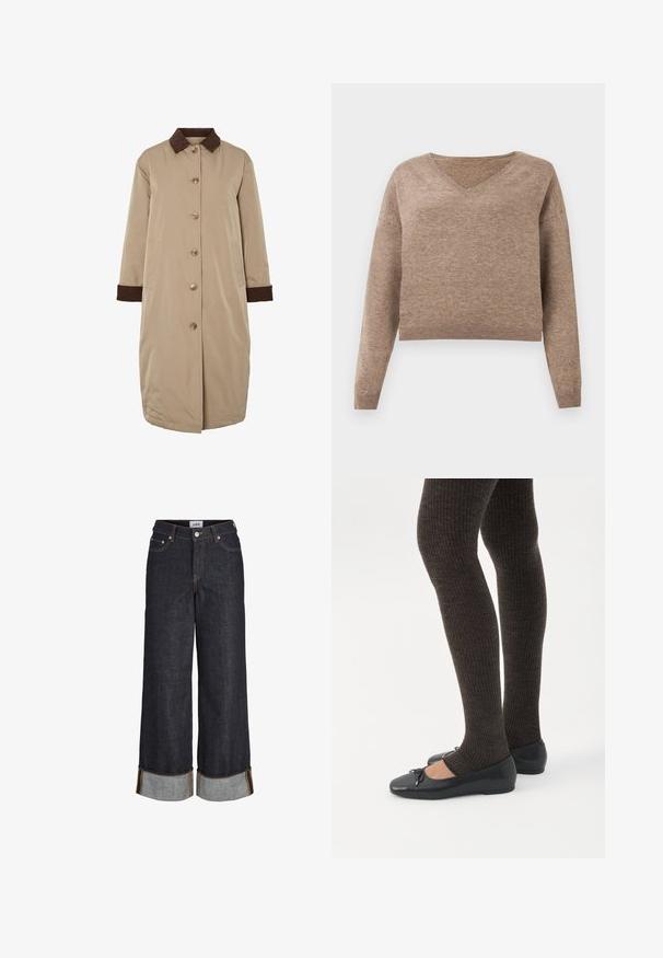 Beige jas met een bruine corduroy kraag, knoopsluiting aan de voorkant, lange mouwen en zijzakken. Glad materiaal met een knielange uitstraling.; Lichtbruin gebreid sweater met een V-hals, lange mouwen en geribbelde zoom. Zachte textuur met een iets korter ontwerp en geen zichtbare patronen.; Donkerblauwe wijde jeans met omgeslagen zomen, vijf zakken en contrasterend gele stiksels.; Benen met donkere geribbelde leggings gecombineerd met zwarte ballerina's met kleine strikdetails op een witte achtergrond.