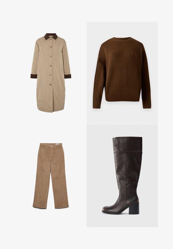Beige jas met een bruine corduroy kraag, knoopsluiting aan de voorkant, lange mouwen en zijzakken. Glad materiaal met een knielange uitstraling.; Donkerbruin, lange mouwen gebreide trui met geribde ronde hals, manchetten en zoom op een effen witte achtergrond.; Corduroy broek met wijde pijpen in bruin. Beschikt over een gestructureerde stof, vijf zakken en een knoopsluiting. Rechte snit van heup tot zoom.; Bruine leren kniehoog laars met een ronde neus en een gestapelde hak. Heeft een gladde textuur en zijstiksel details.