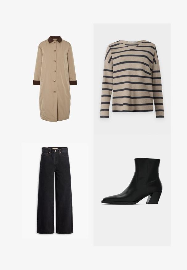 Beige jas met een bruine corduroy kraag, knoopsluiting aan de voorkant, lange mouwen en zijzakken. Glad materiaal met een knielange uitstraling.; Beige lange mouw top met marineblauwe horizontale strepen, met een brede V-hals en drop schouders, gemaakt van zachte, lichte materialen.; Zwarte brede jeans gemaakt van denim, met vijf zakken, koperen klinknagels en een klassieke knoopsluiting. Glad van textuur met een strakke uitstraling.; Zwarte leren enkelboot met een spitse neus, een slanke silhoeet en een chunky vierkante hak. Gladde textuur met minimale stikdetails.