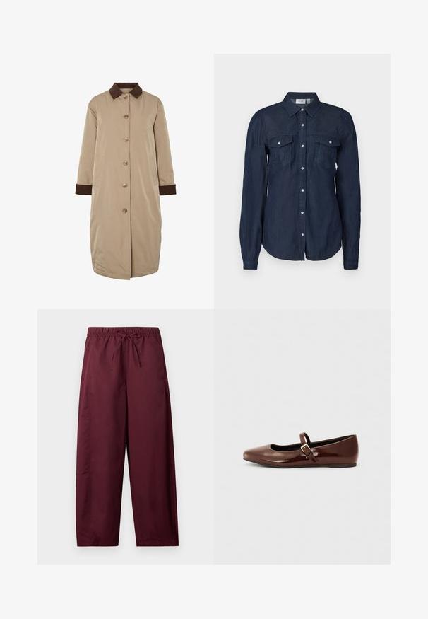 Beige jas met een bruine corduroy kraag, knoopsluiting aan de voorkant, lange mouwen en zijzakken. Glad materiaal met een knielange uitstraling.; Marineblauwe button-up overhemd van lichte stof, met twee voorzakken, lange mouwen en een klassieke kraag met een gebogen zoom.; Losse, bordeauxrode broek met elastische tailleband en trekkoord, rechte pijpen, zonder zichtbare zakken of patronen.; Bruine gepatineerde leren balletschoen met een vierkante neus en een bandje met een kleine gouden gesp. Gladde textuur, lage hak en minimalistisch ontwerp.
