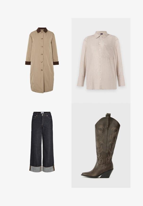 Beige Mantel mit braunem Cordkragen, vorderer Knopfverschluss, langen Ärmeln und seitlichen Taschen. Glatter Stoff mit einem knielangen Design.; Gestreifte Hemdbluse in Beige mit weißen und blauen Linien, mit Kragen und Brusttasche; lange Ärmel mit knöpfbaren Manschetten.; Dunkelblaue Jeans mit weitem Bein, aufgeschlagenen Säumen, fünf Taschen und kontrastierenden gelben Nähten.; Braune Leder-Cowboystiefel mit einer spitzen Zehe, Wedge-Absatz und dekorativer Stickerei. Besitzt einen hohen Schaft und eine Zuglasche.