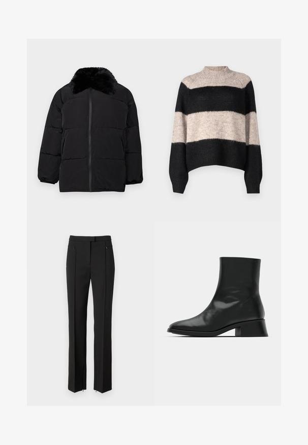 Veste doudoune noire avec un col en fausse fourrure, fermeture éclair, poignets élastiques et un design matelassé avec des coutures horizontales.; Pull rayé à col haut, comportant trois bandes horizontales en noir et beige clair. Fabriqué en maille douce et texturée.; Pantalons noirs au design ajusté, avec une taille plate, des poches zippées et une coupe droite. Fabriqués dans un tissu lisse.; Bottine noire en cuir brillant, au design épuré, avec un bout pointu et un petit talon bloc pour plus de stabilité.