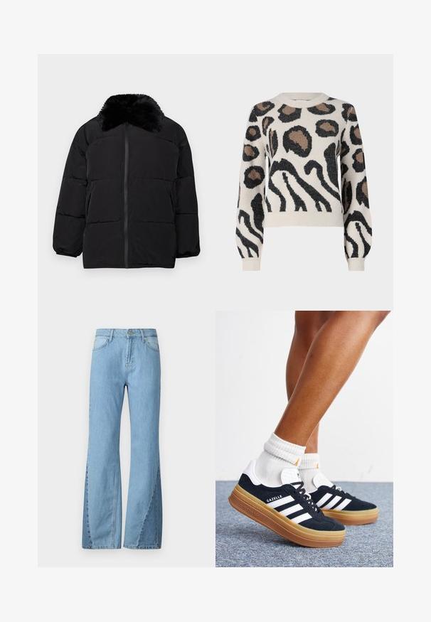 Veste doudoune noire avec un col en fausse fourrure, fermeture éclair, poignets élastiques et un design matelassé avec des coutures horizontales.; JDY LORRAINE - Pullover - cement; Jean en denim bleu clair évasé, avec une taille haute, des détails de couture latérale et un design classique à cinq poches.; Jambes portant des chaussettes blanches et des baskets Adidas Gazelle noires avec des bandes blanches et des semelles épaisses marron sur un sol recouvert de moquette grise.