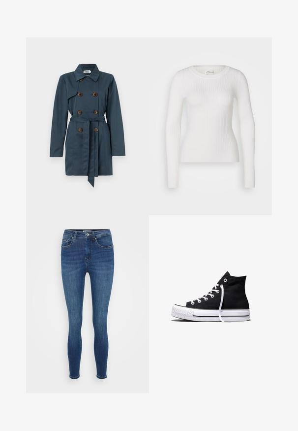 Manteau trench-coat bleu marine à double boutonnage avec des boutons marron, une ceinture à nouer à la taille, des manches longues et un col classique.; Haut à manches longues blanc en tissu côtelé avec un col rond. Le tissu est lisse, avec une texture subtile et une coupe ajustée. Pas de matériel ou de motifs visibles.; Jean skinny en denim bleu foncé, avec un design classique à cinq poches, des coutures visibles et une fermeture éclair avec un bouton.; Baskets montantes en toile noire avec semelle en caoutchouc blanche et lacets blancs, vues de côté sur un fond blanc.