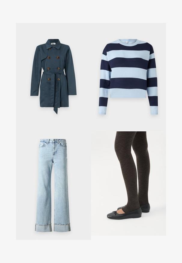 Manteau trench-coat bleu marine à double boutonnage avec des boutons marron, une ceinture à nouer à la taille, des manches longues et un col classique.; Pull rayé bleu clair et marine avec un col rond, des manches longues et des poignets côtelés. Fabriqué en tissu tricoté doux.; Jeans en denim bleu clair avec des jambes larges, des ourlets effilochés et des détails décoratifs en rhinestones aux poignets. Design standard à cinq poches.; Jambes portant des leggings côtelés foncés associés à des ballerines noires avec de petits détails en nœud sur fond blanc.