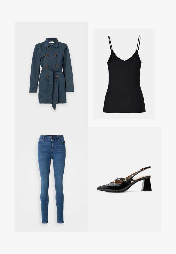Manteau trench-coat bleu marine à double boutonnage avec des boutons marron, une ceinture à nouer à la taille, des manches longues et un col classique.; Débardeur noir avec des bretelles fines et réglables, décolleté en V, coupe ajustée et texture sans couture. Style simple et minimaliste.; Jean skinny en denim bleu moyen, avec une taille haute, des poches avant et un léger effet délavé. Coutures dans une teinte dorée contrastante.; Chaussure slingback en cuir verni noir avec bout pointu, double brides fines avec boucles dorées et talon bloc épais.