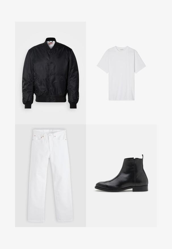 Veste aviateur noire avec une finition satinée, col, poignets et ourlet côtelés, présentant une fermeture à boutons-pression et des poches latérales.; T-shirt en coton blanc avec un col rond, des manches courtes et une coupe décontractée ; texture lisse avec des bords nets et sans motifs ni embellissements.; Jean blanc à jambes droites avec conception à cinq poches, fermeture par bouton et fermeture éclair, et détails en rivets de cuivre sur les poches.; Zign LEATHER - Bottines - black