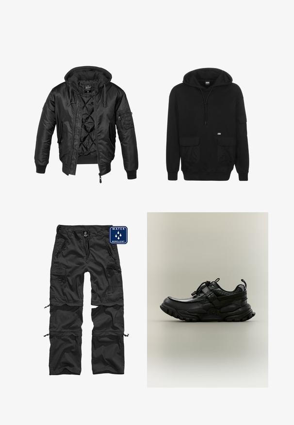 Sort bomberjakke med hætte, lavet af skinnende nylon, med quilted for, ribbede manchetter og en lynlåslomme på ærmet.; Sort hættebluse lavet af blødt stof, med snørehætte, frontlommer og et logo-patch på venstre brystområde.; Sorte vandafvisende cargo bukser med lynlåslommer, justerbare manchetter og et holdbart materiale. Har et logo på taljen.; Sort chunky atletiksko med justerbar rem, snørelås og robust sål, vist i sideprofil på neutral baggrund.