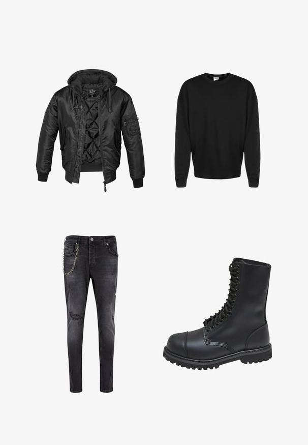 Zwarte bomberjack met capuchon, gemaakt van glanzend nylon, voorzien van een gewatteerde voering, geribbelde manchetten en een ritszak op de mouw.; Zwarte lange mouw crewneck sweatshirt met geribbelde manchetten en een relaxte pasvorm, tentoongesteld tegen een witte achtergrond.; Zwarte denim jeans met een slim fit, voorzien van versleten delen en een zilveren kettingdetail aan de zijkant. Middenhoog taille met vijf zakken.; Zwarte leren gevechtslaars met een hoge schacht, vetersluiting aan de voorkant, gewatteerde kraag en een stevige, gestructureerde zool voor grip. Bevat een versterkte neus.