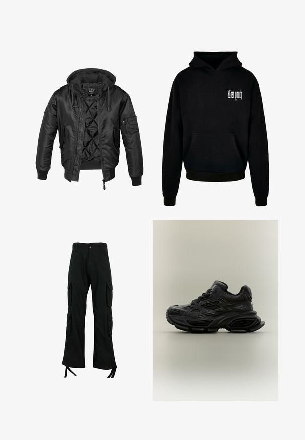 Sort bomberjakke med hætte, lavet af skinnende nylon, med quilted for, ribbede manchetter og en lynlåslomme på ærmet.; Sort hættetrøje med en frontlomme, med hvid tekst "Lost youth" i det øverste venstre hjørne. Materialet er en blanding af bomuld.; Sorte cargo bukser lavet af holdbart stof har flere sidelommer, et lige ben-design og snøringer i bunden for justerbar pasform.; Sort chunky sneaker med tekstureret design, tyk sål og snørelukning vist mod en almindelig neutral baggrund.
