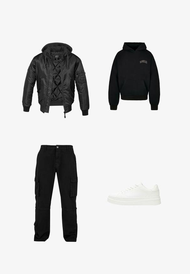 Sort bomberjakke med hætte, lavet af skinnende nylon, med quilted for, ribbede manchetter og en lynlåslomme på ærmet.; Sort hætte sweatshirt med en frontlomme, broderet "MJONZALES" logo. Har ribbede manchetter og kant, blødt stofmateriale.; Sorte cargo bukser lavet af slidstærkt stof. Har flere sidelommer, en afslappet pasform og syede detaljer. Klassisk design, der er velegnet til forskellige anvendelser.; Hvid sneaker med en glat læderoverdel, flade snørebånd og en tyk gummisål. Minimalistisk design med diskret syning og glatte detaljer.