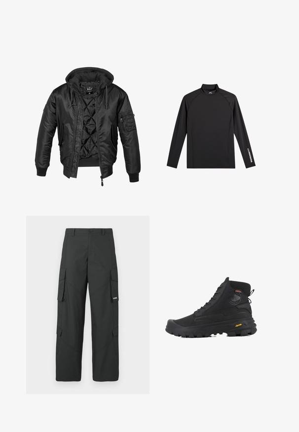 Zwarte bomberjack met capuchon, gemaakt van glanzend nylon, voorzien van een gewatteerde voering, geribbelde manchetten en een ritszak op de mouw.; Zwart sporttopje met lange mouwen, opstaande kraag, slim fit en witte "J.Lindeberg"-logo op linkerarm en kraag.; Zwarte cargo broek met rechte pijpen, zijflapzakken, knoopsluiting, riemlussen en een klein wit logo op de flap van de rechterzak.; Zwarte hoge laarzen met een gestructureerd oppervlak, voorzien van een waterdicht ontwerp, vetersysteem en een opvallende rubberen zool met Vibram-merktekens.
