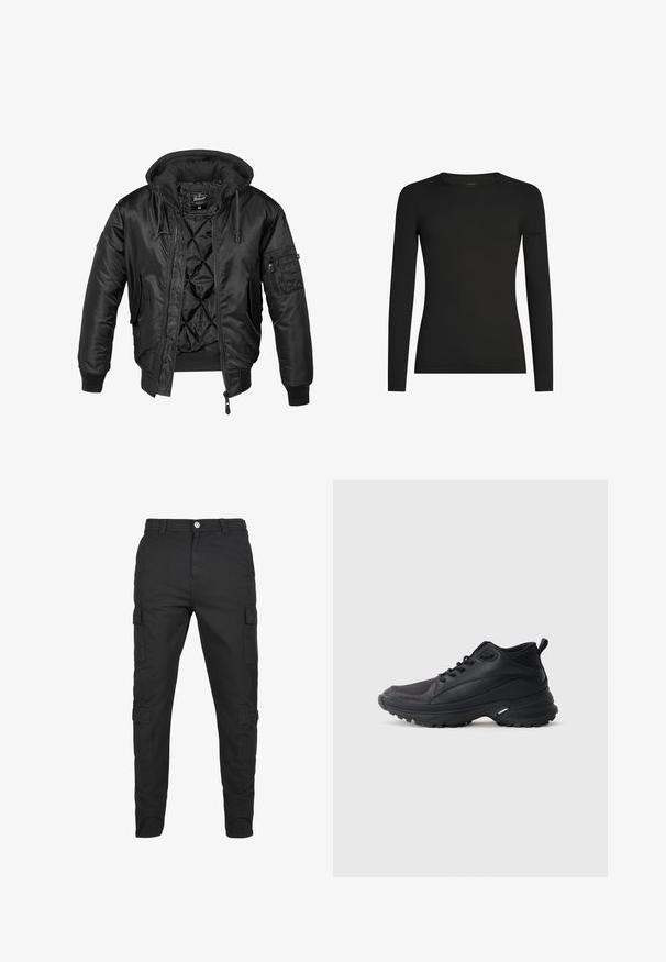 Veste bomber noire avec capuche, en nylon brillant, dotée d'une doublure matelassée, de poignets côtelés et d'une poche zippée sur la manche.; Chemise noire à manches longues, ajustée, avec col ras du cou, arborant un logo Icebreaker discret sur la manche gauche, présentée sur un fond blanc.; Pantalons cargo noirs en tissu durable. Comprend plusieurs poches latérales, une fermeture à bouton et un design de jambe fuselée. Devant plat, sans motifs.; Chaussures de sport noires en matériau synthétique. Dotées d'un col rembourré, d'un embout rond, d'une semelle extérieure robuste avec traction, et d'un détail avec le logo de la marque.