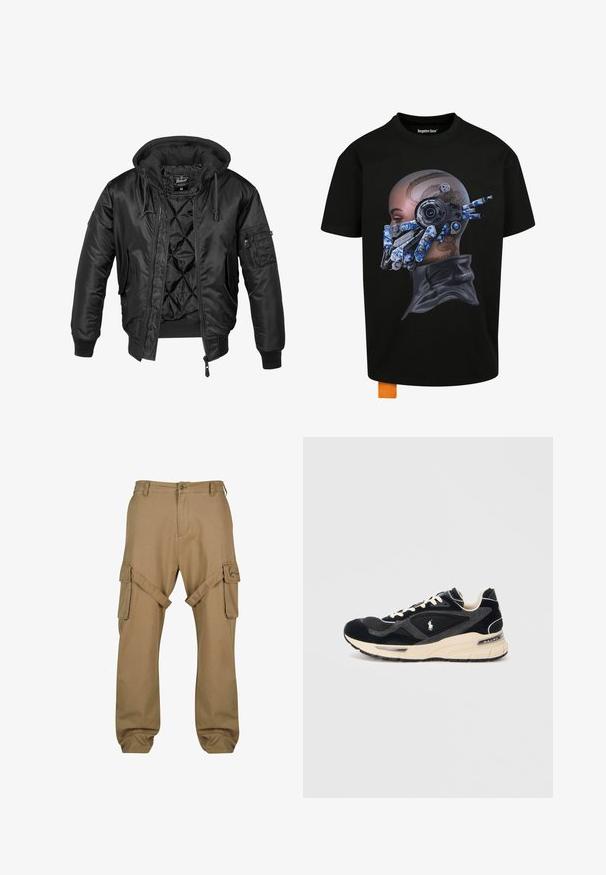 Sort bomberjakke med hætte, lavet af skinnende nylon, med quilted for, ribbede manchetter og en lynlåslomme på ærmet.; Sort T-shirt med et grafisk design af et cyborg-ansigt med mekaniske elementer i blå og sølv. Indeholder et drage-tatoveringsdesign på hovedet.; Cargo bukser lavet af beige bomuldsstof, med to sidelommer og knaplukning i taljen. Designet inkluderer ekstra syninger.; Sort og grå sneaker med cremefarvet sål og snørebånd, der har et lille hvidt hestelogo og "Ralph Lauren" branding på hælen.