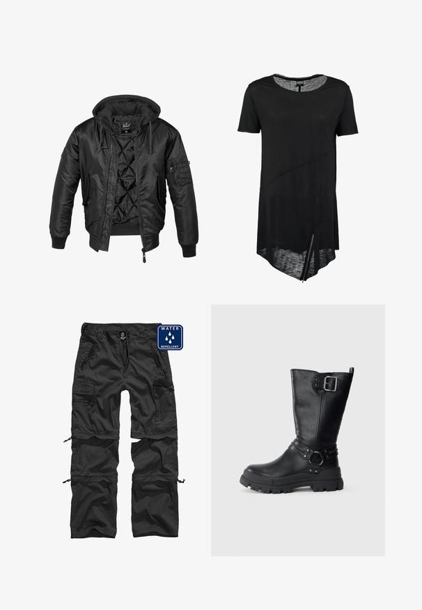 Sort bomberjakke med hætte, lavet af skinnende nylon, med quilted for, ribbede manchetter og en lynlåslomme på ærmet.; Sort kortærmet t-shirt med rund halsudskæring, asymmetrisk kant, gennemsigtig tekstur og en sidelukning. Blødt, let stof.; Sorte vandafvisende cargo bukser med lynlåslommer, justerbare manchetter og et holdbart materiale. Har et logo på taljen.; Sorte læderknæhøje støvler med en kraftig gummisål, der har en sidelås, stropdetaljer og struktureret finish.