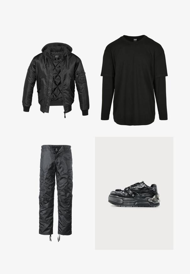 Sort bomberjakke med hætte, lavet af skinnende nylon, med quilted for, ribbede manchetter og en lynlåslomme på ærmet.; Urban Classics OVERSIZED SHAPED DOUBLE LAYER LS TEE - Langærmet T-shirt - black/black; Sorte isolerede cargo bukser med en glat overflade, flere sidelommer, justerbare snore i kanten og forstærkede sømme.; Sort chunky sneaker med tyk sål, snørebånd, teksturerede stropper og metal detaljer på hælen og siderne mod en lys baggrund.