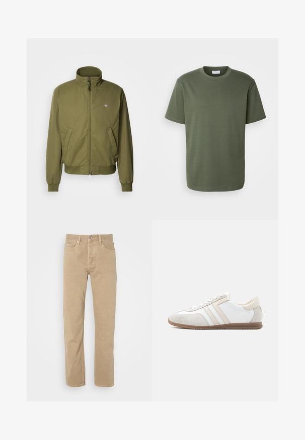 GANT HAMPSHIRE JACKET - Chaqueta fina - moss green; Lindbergh O-NECK TEE OVERSIZE S/S - Camiseta básica - olive; Pantalones de algodón beige con un diseño de pierna recta, que cuentan con bolsillos frontales, cierre de botón y detalles de costura sutiles a lo largo de las costuras.; Zapatilla de perfil bajo en blanco y beige con detalles en ante, cierre de cordones y suela de goma marrón, mostrada de lado sobre un fondo llano.
