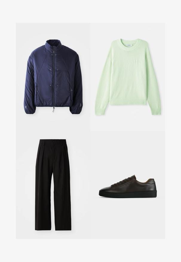 Marineblaue Pufferjacke mit hohem Kragen, Frontreißverschluss, Seitentaschen, elastischen Bündchen und gerafftem Saum für Isolierung und Passform.; Hellgrüner Strickpullover mit rundem Halsausschnitt, gerippten Bündchen und Saum. Verfügt über ein dezentes Logodesign auf der linken Brust.; Schwarze weit geschnittene Hose mit glatter Textur, zwei vorderen Falten, einem Knopfverschluss und seitlichen Taschen. Strapazierfähiger Stoff.; Flach geschnittener dunkelbrauner Ledersneaker mit schwarzer Gummisohle, Schnürung vorne und schlicht-minimalistischem Design auf hellem Hintergrund.