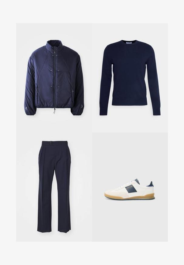 Marineblåt puffjakke med høj krave, lynlåslukning foran, sidelommer, elastiske manchetter og samlet kant for isolering og pasform.; Mørkeblå crew-neck sweater lavet af blødt stof, med lange ærmer og ribbet kant. Ingen synlige mønstre eller dekorationer.; Paul Smith TROUSER - Bukser - grey; Hvide sneakers med marineblå detaljer, lavet af ruskind og læder, med rund tå og gummisål. Har logo på siden og bagsiden.