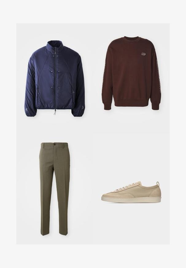 Marineblåt puffjakke med høj krave, lynlåslukning foran, sidelommer, elastiske manchetter og samlet kant for isolering og pasform.; Brun sweatshirt med rund halsudskæring, lange ærmer og ribbede manchetter. Indeholder et lille logo på brystet og tekst langs ærmet.; Olivengrønne skræddersyede bukser med en glat overflade, lige bendesign, enkelt foretrukket knap og sidelommer for funktionalitet.; Beige lavtop sneakers med overdel i stof og ruskind, hvide snørebånd, gummisål og hælstrækkehank, vist i sideprofil på hvid baggrund.