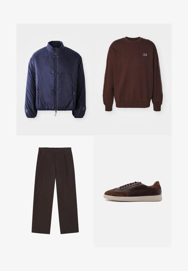 Marine pufferjack met een hoge kraag, voorste ritsopening, zijzakken, elastische manchetten en een gegatherde zoom voor isolatie en pasvorm.; Bruine sweatshirt met een ronde hals, lange mouwen en geribbelde manchetten. Heeft een klein logo op de borst en tekst langs de mouw.; Donkerbruine broek met wijde pijpen gemaakt van een textuurrijk stof. Voorzien van voorplooien, twee zijzakken en een ritssluiting met knoop.; Lage bruine leren en suède sneaker met donkerbruine veters en een witte rubberen zool, gezien vanaf de buitenkant.