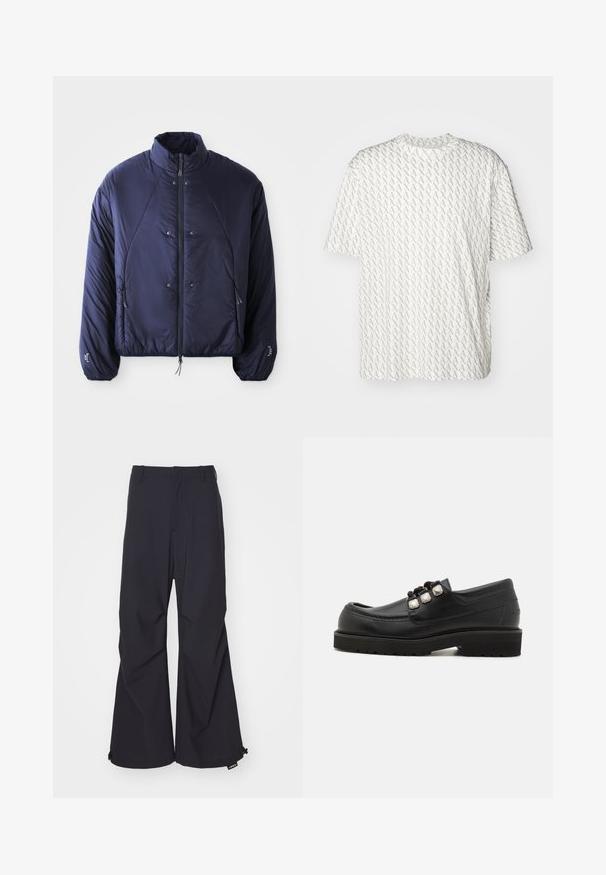 Marineblaue Pufferjacke mit hohem Kragen, Frontreißverschluss, Seitentaschen, elastischen Bündchen und gerafftem Saum für Isolierung und Passform.; Weißes T-Shirt mit einem wiederholenden grauen "A"-Muster, kurzen Ärmeln, Rundhalsausschnitt und lockerer Passform. Hergestellt aus weichem Material.; Marineblaue Schlaghosen aus einem glatten Stoff, mit zwei Vorderaschen und Zugband-Akzenten am Saum. Sauberes, maßgeschneidertes Design ohne Verzierungen.; Schwarze Lederloafers mit rundem Zehenbereich, ausgestattet mit drei metallischen Akzenten und einer strukturierten Sohle für besseren Halt. Glattes Obermaterial und gestickte Details.