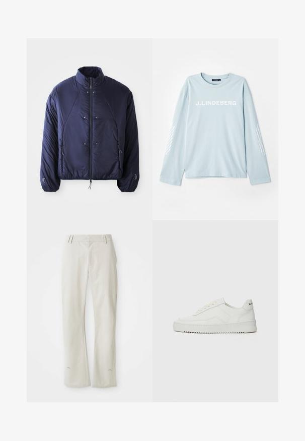 Marine pufferjack met een hoge kraag, voorste ritsopening, zijzakken, elastische manchetten en een gegatherde zoom voor isolatie en pasvorm.; Lichtblauwe longsleeve t-shirt van zachte stof, met het "J. Lindeberg" logo in het wit op de voorkant en een patroonaccent op de mouwen.; Lichtgrijze, rechte broek van soepel materiaal. Voorzien van zijzakken, ceintuurlussen en een subtiel logo nabij de zoom.; Witte leren sneaker met een gladde afwerking, ronde neus, platte veters en een gestructureerde zool. Kenmerkt zich door een subtiel logo op de hiel.