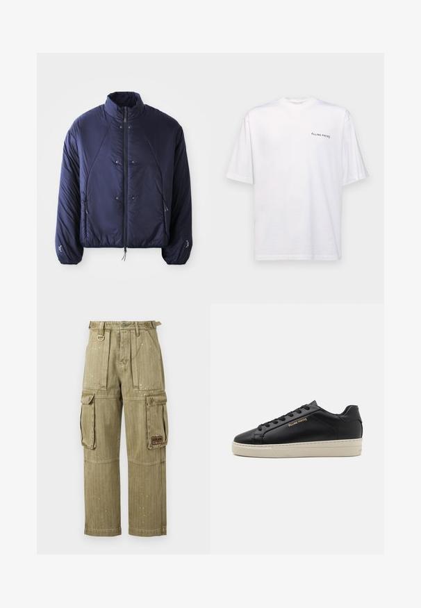 Marineblåt puffjakke med høj krave, lynlåslukning foran, sidelommer, elastiske manchetter og samlet kant for isolering og pasform.; Hvid kortærmet t-shirt i bomuld med v-hals, med et sort "FILLING PIECES" logo trykt på venstre side.; Khaki cargobukser med store lommer foran og på siderne, justerbare stropper i taljen, knaplukning, metalringsdetalje og malingssprøjtede accenter.; Sorte lædersneakers med en glat finish, kontrasterende cremefarvet sål, rund tå, guld logo på siden og seks huller til snørebånd.