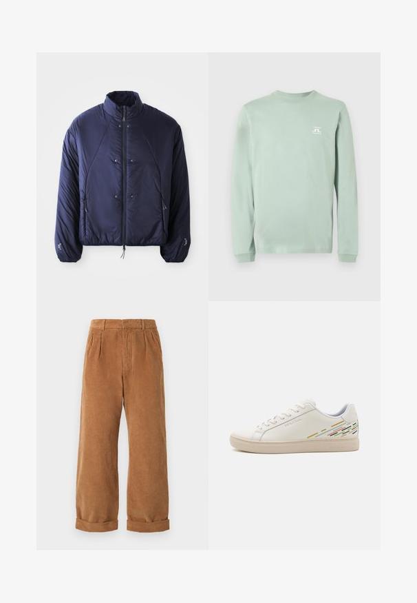Marineblåt puffjakke med høj krave, lynlåslukning foran, sidelommer, elastiske manchetter og samlet kant for isolering og pasform.; Lysegrøn langærmet bluse med rund hals og lille hvid "J.LINDEBERG STOCKHOLM" logo på øverste venstre bryst.; Brune kordfløjspants med bred ben-design, der har frontfolder og opfoldede kanter. Stoffet har et tekstureret, ribbet udseende.; Hvide lædersneakers med en glat overflade, der har farverige linjemønstre på hælen og en beige gummisål.