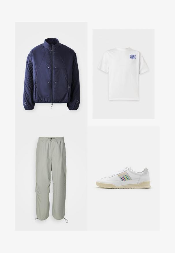 Marine pufferjack met een hoge kraag, voorste ritsopening, zijzakken, elastische manchetten en een gegatherde zoom voor isolatie en pasvorm.; Witte T-shirt met korte mouwen en een klein blauw "huf" logo dat drie keer wordt herhaald op het linkerbovenborstgedeelte.; Lichtgrijze, lichte broeken met een elastische tailleband, verstelbaar trekkoord en zijzakken. Kenmerkt zich door een relaxte fit en taps toelopende boorden.; Witte leren sneaker met een crèmewitte zool, meerkleurige strepenaccenten aan de zijkant en 'PS Paul Smith' merknaam in het goud.