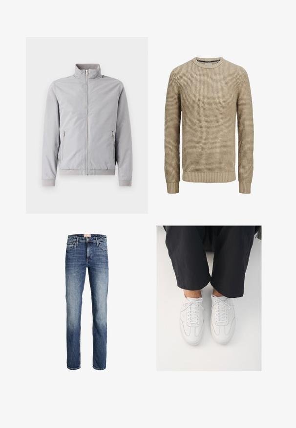 Lysegrå jakke med opretstående krave, lynlås lukning og to sidelommer med lynlås. Har ribbede manchetter og kant, glat tekstur.; Beige langærmet strikket sweater med tekstureret vaffelmønster, rund halsudskæring samt ribstrikkede manchetter og kant.; Straight-leg blå jeans med let falmning på lår og knæ, frontlukning med knap og lynlås samt femlommesdesign.; Hvide lædersneakers med en glat overflade, rund tå og klassisk snøresystem, placeret over mørke, løse bukser.