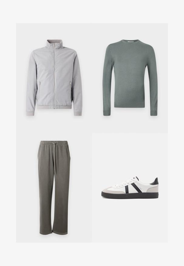 Lysegrå jakke med opretstående krave, lynlås lukning og to sidelommer med lynlås. Har ribbede manchetter og kant, glat tekstur.; Lysegrøn langærmet sweater lavet af blødt strikstof. Har en rund halsudskæring og tætsiddende ærmer med ribbede manchetter. Enkelt design.; Grå bomulds-sweatpants med elastisk talje og snor, med sidelommer og en afslappet pasform hele vejen ned ad benene.; Hvide sneakers med sorte og grå detaljer, med en tekstureret grå tåhætte, sort gummisål og flade hvide snørebånd. Rent design, minimalistisk stil.
