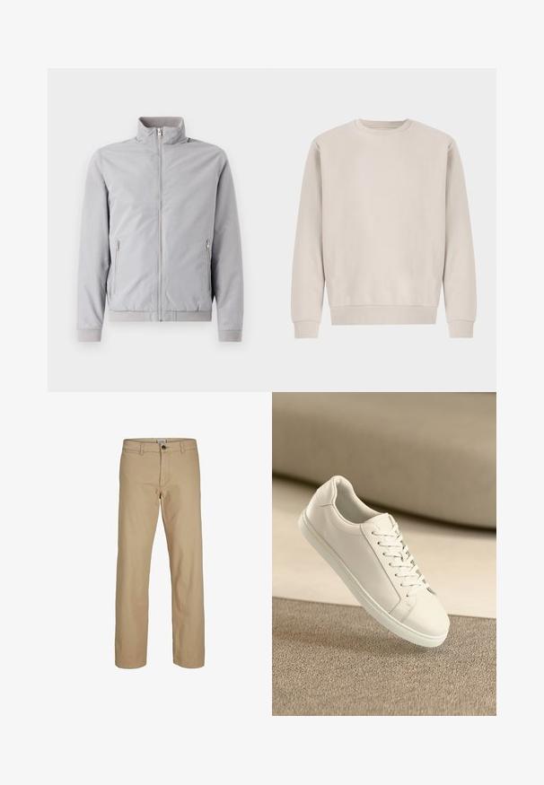Veste gris clair avec col montant, fermeture éclair et deux poches latérales zippées. Dotée de poignets et d'un ourlet côtelés, texture lisse.; Sweatshirt beige à col rond en coton doux, avec une coupe décontractée, des poignets et un ourlet côtelés, sans motifs ni éléments métalliques visibles.; Pantalon beige à jambes droites avec fermeture à boutons, passants pour ceinture et poches avant, présenté sur un fond blanc.; Baskets en cuir blanc avec des lacets blancs, exposées sur une surface beige texturée et avec un arrière-plan flou doux.