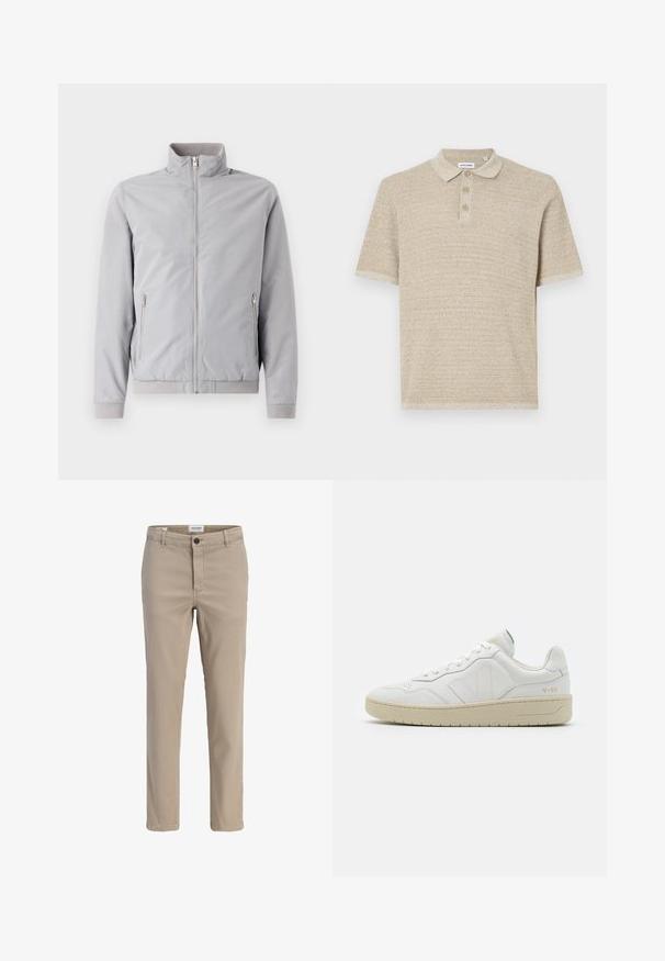 Veste gris clair avec col montant, fermeture éclair et deux poches latérales zippées. Dotée de poignets et d'un ourlet côtelés, texture lisse.; Polo shirt beige, manches courtes, en tissu tricoté texturé, patte de boutonnage à trois boutons, col classique, motif subtil, coupe décontractée.; Chinos beige slim fit pour hommes avec fermeture bouton et fermeture éclair, passants de ceinture et poches avant.; Baskets en cuir blanc avec une finition texturée et un col rembourré. Elles sont dotées d'une semelle en caoutchouc beige et d'une discrète branding sur le talon et le côté.
