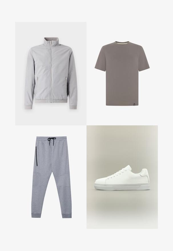 Veste gris clair avec col montant, fermeture éclair et deux poches latérales zippées. Dotée de poignets et d'un ourlet côtelés, texture lisse.; T-shirt uni à manches courtes avec col rond, de couleur taupe unie, avec une petite étiquette noire et blanche en bas de l'ourlet.; Pantalons de jogging gris en tissu doux avec taille élastique à cordon, jambes fuselées et poche zippée sur le côté pour un rangement sécurisé.; Baskets basses blanches à lacets, doté d'un col rembourré et d'une semelle en caoutchouc texturée, présentées de profil sur un fond neutre.