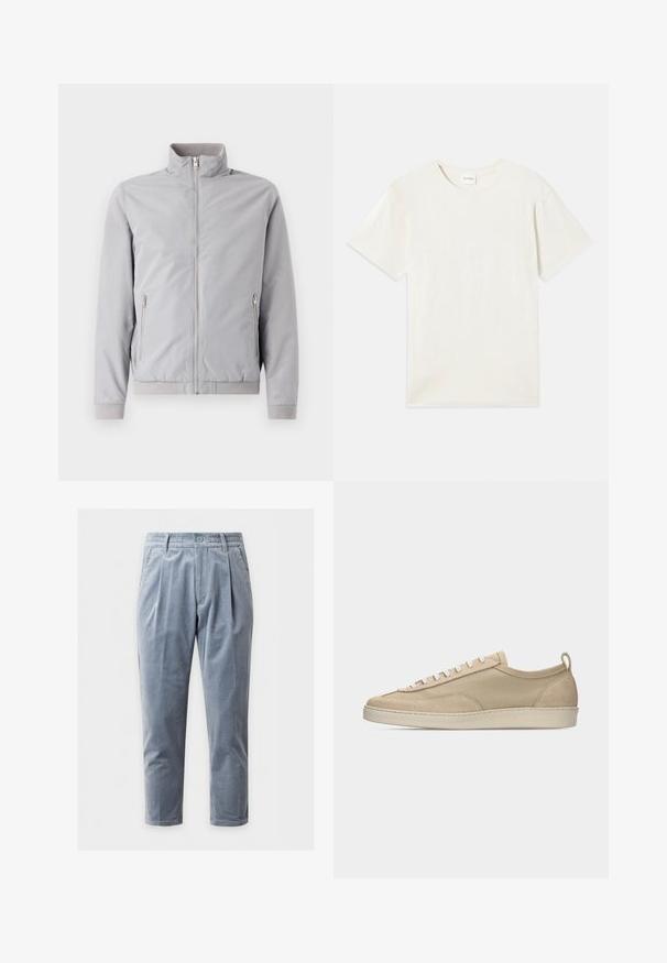 Lysegrå jakke med opretstående krave, lynlås lukning og to sidelommer med lynlås. Har ribbede manchetter og kant, glat tekstur.; Korte ærmer, crew neck t-shirt i lys beige, blødt bomuldsstof med en afslappet pasform og uden synlige mønstre eller accenter.; Lyseblå herre kordbukser med plissering, bæltestropper, knaplukning og lige ben mod en ensfarvet baggrund.; Beige lavtop sneakers med overdel i stof og ruskind, hvide snørebånd, gummisål og hælstrækkehank, vist i sideprofil på hvid baggrund.
