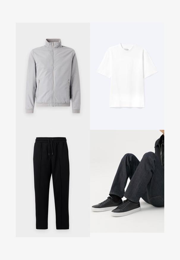 Veste gris clair avec col montant, fermeture éclair et deux poches latérales zippées. Dotée de poignets et d'un ourlet côtelés, texture lisse.; T-shirt blanc uni à manches courtes et col rond avec une coupe décontractée, présenté sur un fond clair.; Pantalons de survêtement noirs avec cordon de serrage, une taille élastique et des coutures subtiles à l'avant, présentés sur un fond blanc.; Personne assise avec les jambes pliées, portant un jean bleu foncé et des baskets basses noires avec des semelles blanches sur fond blanc.