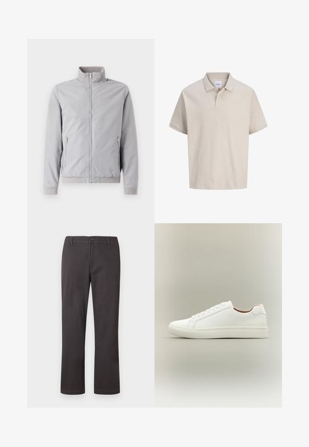 Lysegrå jakke med opretstående krave, lynlås lukning og to sidelommer med lynlås. Har ribbede manchetter og kant, glat tekstur.; Beige kortærmet polo med subtile lodrette striber, en klassisk krave og en to-knaps stolpe.; Mørkegrå bukser med lige ben, knappelukning, bæltestropper og diskret frontsyning på hvid baggrund.; Hvid lavt snøresko med snørelukning og flad sål, vist fra siden på en neutral baggrund.