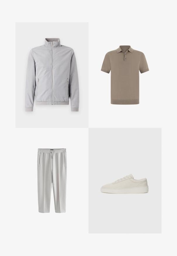 Lysegrå jakke med opretstående krave, lynlås lukning og to sidelommer med lynlås. Har ribbede manchetter og kant, glat tekstur.; Polo-shirt i taupe med en struktureret finish, korte ærmer og en krave. Har treknaps-lukning og ribbede manchetter.; Lys grå sweatpants lavet af glat stof, med elastisk talje og snor, samt to sidelommer.; Beige sneakers med en glat ruskindsfinish, rund tå og flad gummisole. Har snørebåndslukning og minimalistisk design med diskret syning.