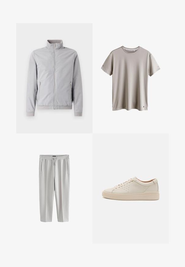 Lysegrå jakke med opretstående krave, lynlås lukning og to sidelommer med lynlås. Har ribbede manchetter og kant, glat tekstur.; Lysebeige t-shirt med korte ærmer og rund halsudskæring med lille logo nær den nederste kant, vist på hvid baggrund.; Lys grå sweatpants lavet af glat stof, med elastisk talje og snor, samt to sidelommer.; Beige læder sneakers med rund tå, flade snørebånd, perforerede side detaljer og en tyk, tekstureret gummisål. Naturlig læderforing.