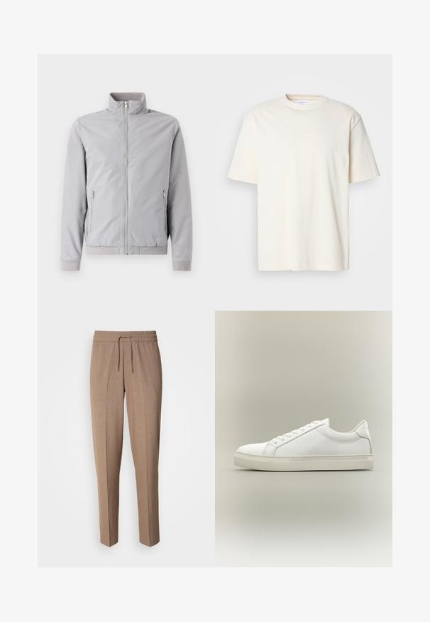 Lysegrå jakke med opretstående krave, lynlås lukning og to sidelommer med lynlås. Har ribbede manchetter og kant, glat tekstur.; Lys off-white kortærmet T-shirt med rund hals, unisex design, præsenteret på en neutral grå baggrund.; Brune, vævede bukser med en afslappet pasform, snøre i taljen og frontfald. Lige ben og ingen synlige lommer eller metaldele.; Hvid lavtop sneaker med snørebånd foran og tyk sål, vist fra siden mod en neutral baggrund.
