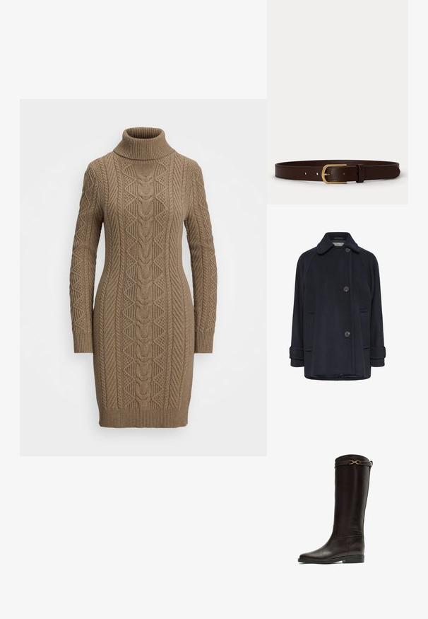 Marineblauer Wollmantel mit einem umgeschlagenen Kragen, zwei Knopfverschlüssen, seitlichen Taschen mit Klappen und umgeschlagenen Bündchen. Weiche Textur und lockere Passform.; Brauner, kabelgestrickter Rollkragenpullover-Kleid mit langen Ärmeln und kunstvollen Strickmustern auf der Vorderseite und den Ärmeln.; Hoher dunkelbrauner Lederreitstiefel mit niedrigem Absatz und goldener dekorativer Schnalle nahe dem oberen Rand.; Brauner Ledergürtel mit goldener Metallschnalle und genähten Kanten, flach auf weißem Hintergrund liegend.