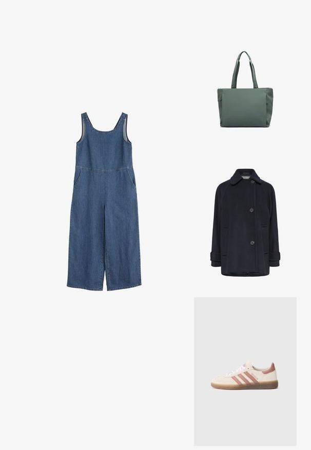 Mørkeblå uldfrakke med spredt krave, to knaplukninger, klappede sidelommer og rullede manchetter. Blød tekstur og afslappet pasform.; Denim overall jumpsuit i mellemblå, ærmeløs med to sidelommer, bred ben-design og knaplukning ved skulderen.; Beige ruskindssneaker med pink detaljer, tre pink striber, hvide snørebånd og en gennemsigtig gummisål. "Spezial" branding på siden.; Grøn totebag med to håndtag, lavet af glat, holdbart materiale. Har en simpel rektangulær form og minimalistisk design.