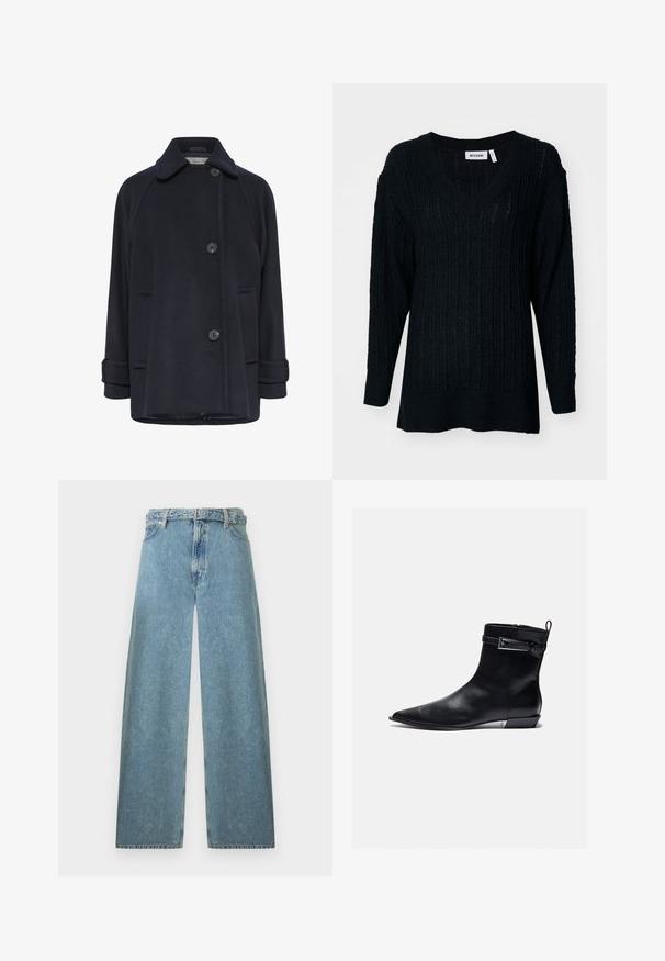 Manteau en laine marine avec un col échancré, deux boutons, poches latérales à rabat et manches retroussées. Texture douce et coupe décontractée.; Pull en tricot noir avec un col en V, texture côtelée et manches longues. Coupe ample avec un dos légèrement plus long. Étiquette de la marque visible.; Jean en denim bleu clair à jambes larges avec une taille haute, passants pour ceinture, fermeture avant par bouton et zip sur fond blanc.; Bottine en cuir noir avec bout pointu, semelle plate et fermeture éclair sur le côté. Présente un accent en boucle sur le bracelet pour plus de détails. Texture lisse.