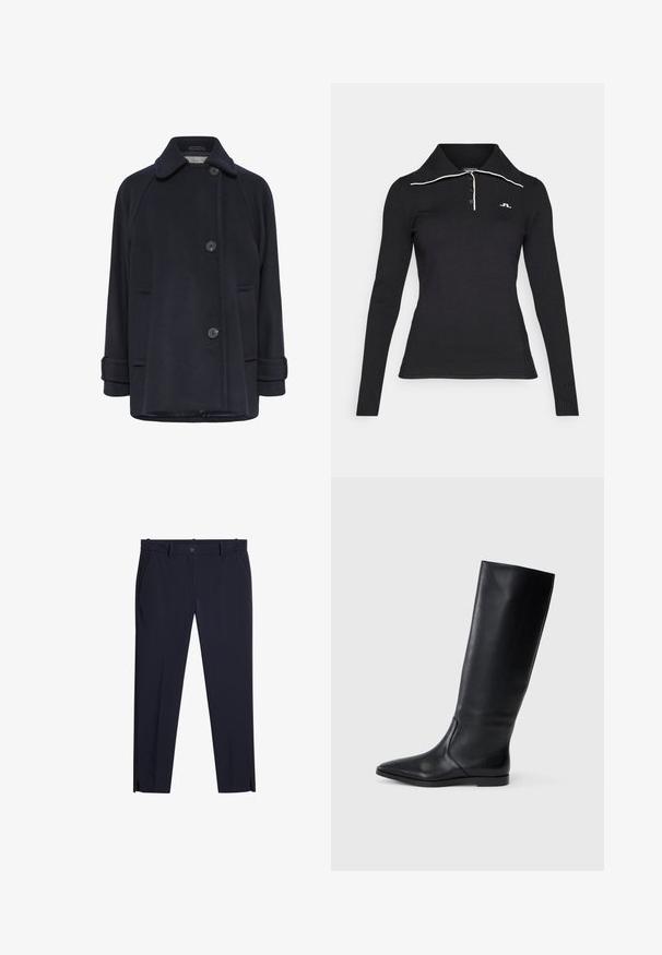 Mørkeblå uldfrakke med spredt krave, to knaplukninger, klappede sidelommer og rullede manchetter. Blød tekstur og afslappet pasform.; Sort langærmet polo shirt med ribbet tekstur, tre-knap lukning og kontrasterende hvid krave. Logo broderet på brystet.; Mænds mørkeblå slim-fit bukser med bælteholdere, forlommer, lynlås og små forreste benåbninger ved kanten.; Sort læder knæhøje støvler med spidse tæer og minimalistisk design. Glat tekstur og flad sål, der har diskrete side syninger.